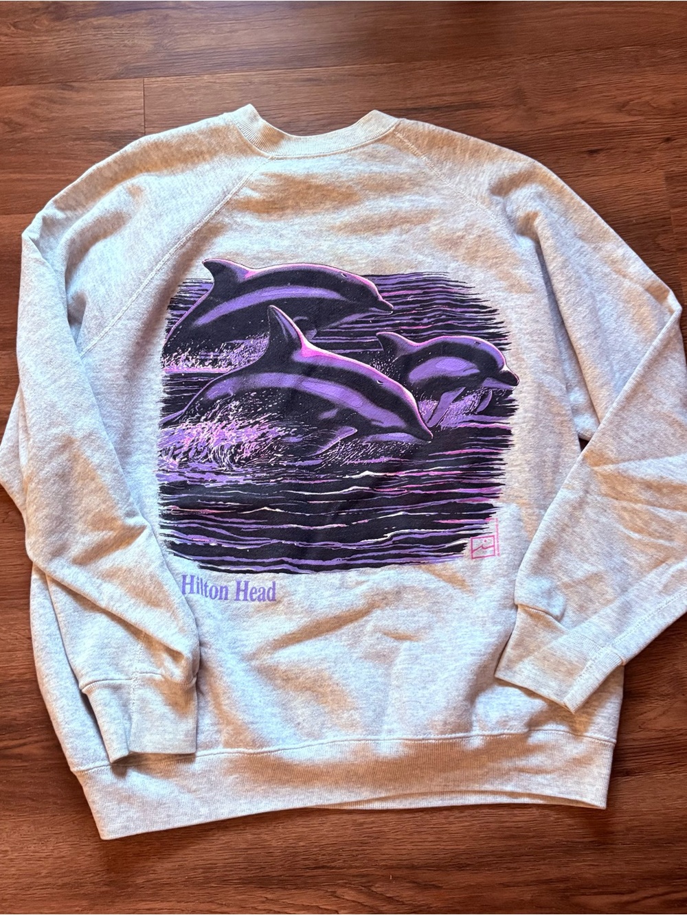 Vintage Hilton Head Dolphin Graphic Crewneck Sweatshirt - Gray & Purple XL